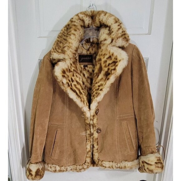 Vintage Guess Women's Genuine Leather Jacket Faux Fur Lined Long Sleeve Size L - Picture 3 of 14